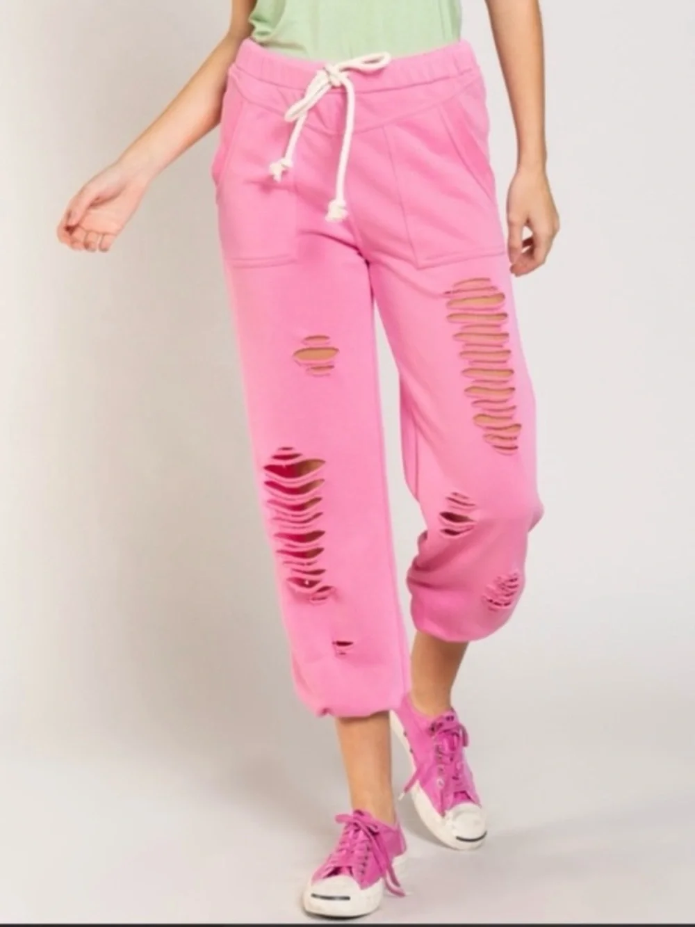 POL Distressed Terry Jogger Sweatpants Bubblegum Pink Boho Hippie Style Small - Picture 4 of 15